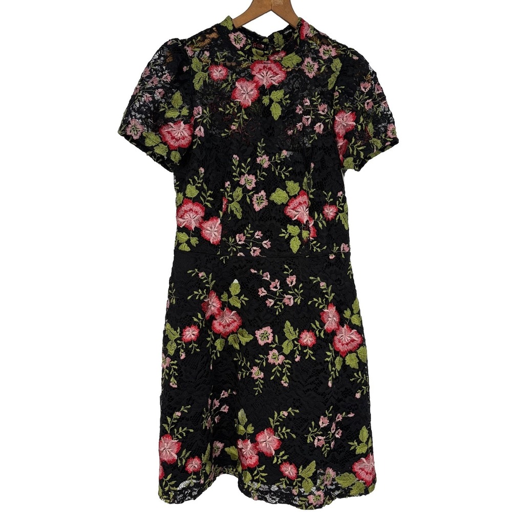 Adelyn Rae Women Woven Lace Sheath Dress L Feminine Embroidered Floral Black NEW
